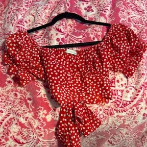 Zara Red and White Puff Sleeve Blouse with Ruched Tie Front